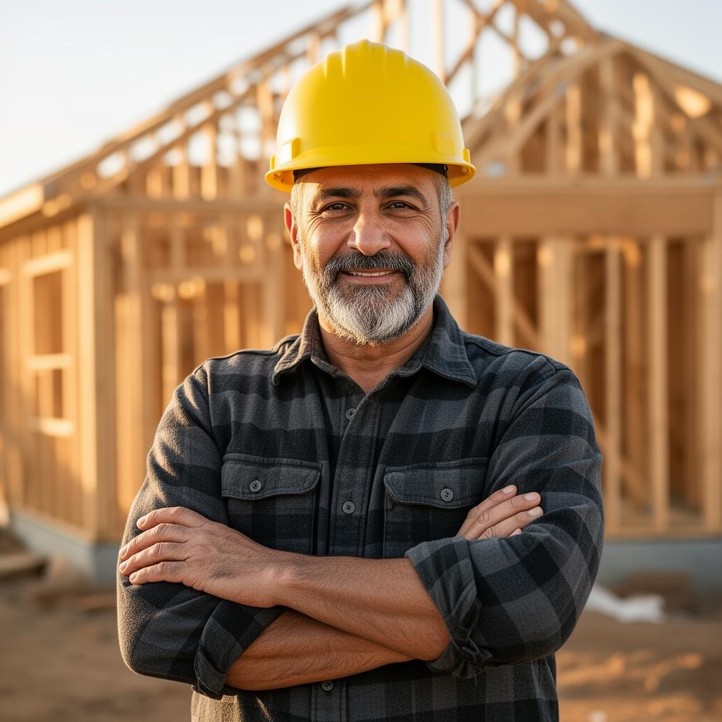 Basim Sawaged, owner of RAM Construction, in front of a framed home