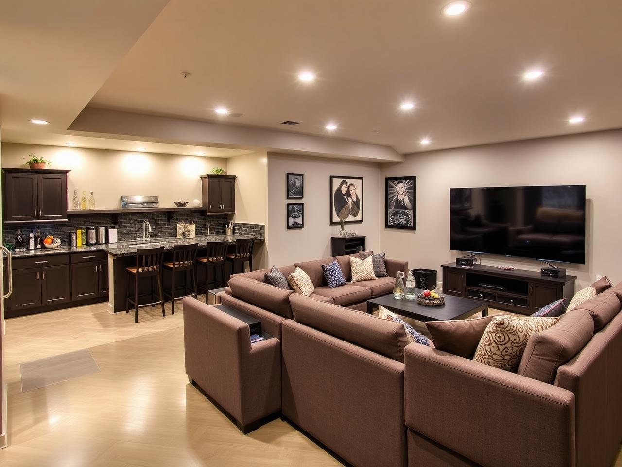 Basement Finish — Rec room, wet bar, egress window addition